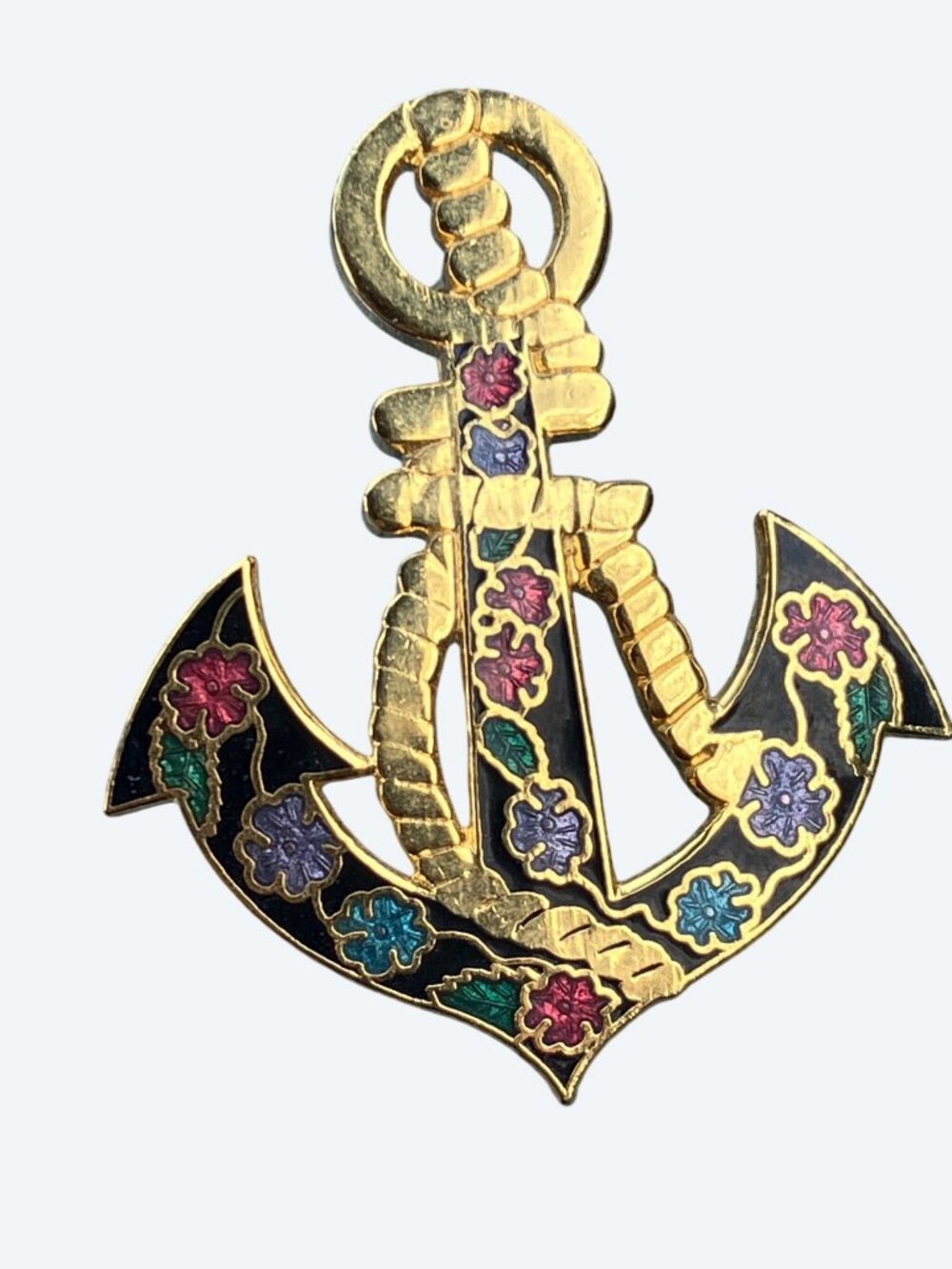 Anchor Enamel Cloisonné Pin Brooch Floral Design Gold Tone Nautical Accessory